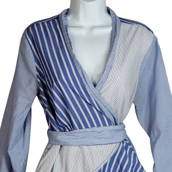 Maeve Newport Wrap Shirt Dress Blue White Size 14 Striped Long Sleeve Mini READ - Picture 2 of 10